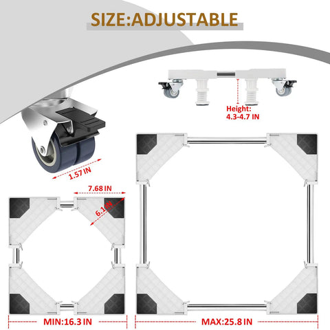 Diagram of Mobile Fridge Stand Base With Wheels, Adjustable Furniture Dolly for Washer, Dryer, and Refrigerator, Easy Glide Roll.