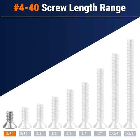 #4-40 By 1/4 Inch Flat Socket Head Screws length range display, showcasing various sizes including 1/4 inch.