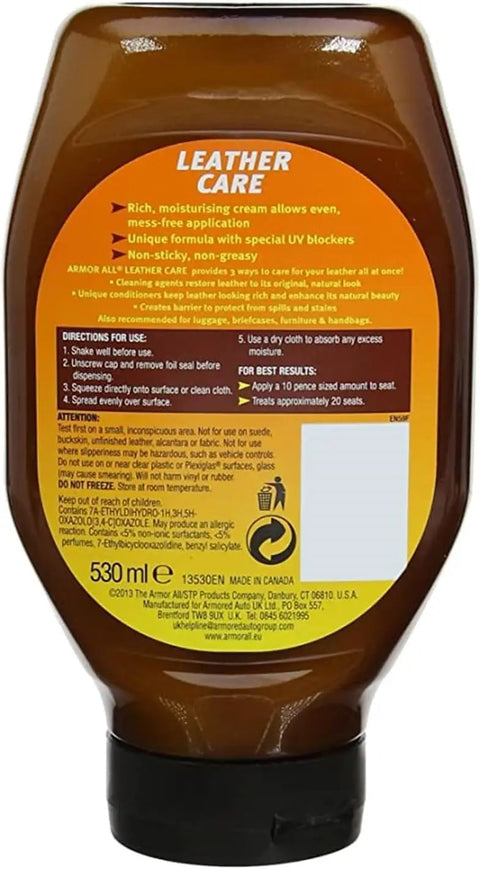 Back label of Leather Care Gel For Cars Trucks And Motorcycles Interior Cleaner And Conditioner 18 Fl Oz showing details