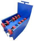 Industrial Electric Drum Rotator Mixer Spins Heavy 52 8 Gallon Drums With Smooth Variable Speed And No Sweat Operation For Effortless Mixing Of Paint Grease Easily. Blue rotator mixer with red wheels.