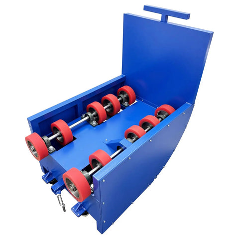 Industrial Electric Drum Rotator Mixer Spins Heavy 52 8 Gallon Drums With Smooth Variable Speed And No Sweat Operation For Effortless Mixing Of Paint Grease Easily. Blue rotator mixer with red wheels.