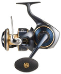 Side view of Saltiga Spinning Reel Saltwater Big Game Ready Model SALTG10000H G Series showing ultra strong drag system and design.