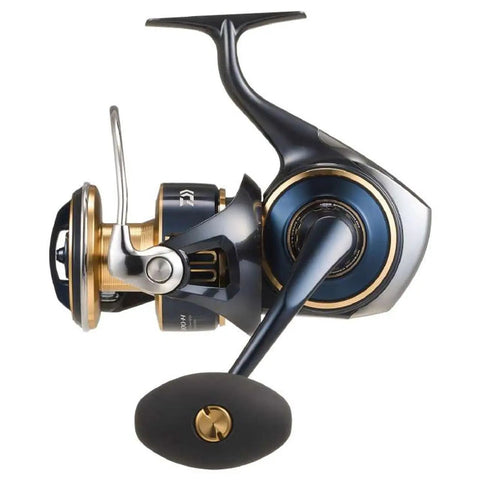 Side view of Saltiga Spinning Reel Saltwater Big Game Ready Model SALTG10000H G Series showing ultra strong drag system and design.
