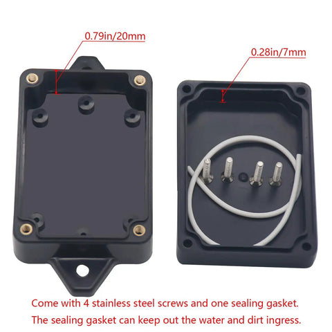 IP65 Waterproof ABS Plastic Project Box Junction Enclosure Built Tough For DIY Electronics Power Housing With Fixed Ear 3 Point 3 X 2 Point 3 X 1 Point 3 Inches Black Indoor Outdoor Rugged Ready, open with gasket and screws