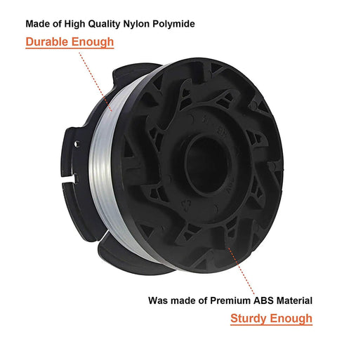 Close-up of AF100 String Trimmer Spool Replacement Pro Grade Compatible With Black And Decker, showing nylon spool and ABS material.