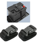 Heavy Duty 39 Inch Adjustable Car Battery Box Tie Down Straps 2 Pack with locking plastic buckles securing a battery.