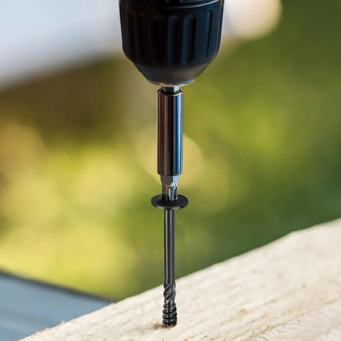 Pro Level Lag Screws For Heavy Duty Framing Number Fourteen By Two Point Five Inch Carbon Steel Wood Construction Fasteners being driven into wood.