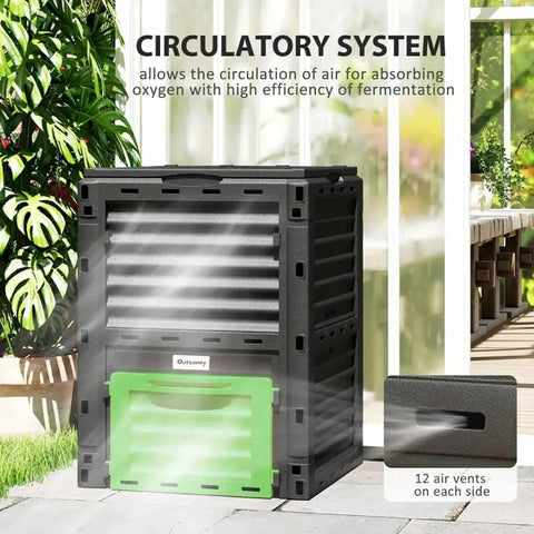 80 Gallon Outdoor Tumbling Compost Bin With Aeration Vents For Backyard Garden No Fuss Heavy Duty PP Tumbler shown with air vents