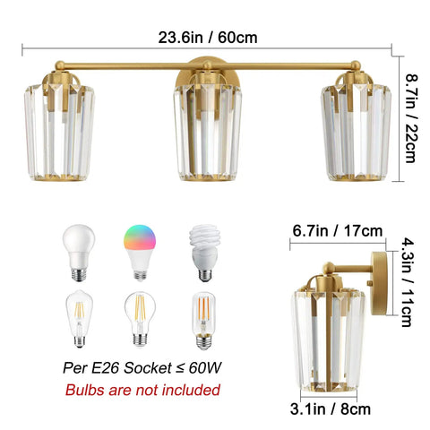 Gold Crystal Bathroom Vanity Light With Two Lights Dimmable E26 Socket Modern Vanity Fixture Perfect For Bathroom Or Powder Room Bulbs Not Included Easy Install, shown with dimensions and compatible bulb types
