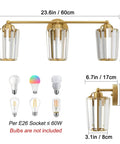 3 Light Gold Vanity Light Fixture For Bathroom With Crystal Accents Over Mirror, Dimmable E26 Sockets, shown with bulb options
