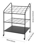 Heavy Duty Three Tier Mobile Paper Rolls Organizer With Slick Metal Frame And Twenty Roomy Slots Rock Solid Rolling Display Cart in black.