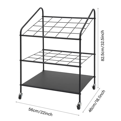 Heavy Duty Three Tier Mobile Paper Rolls Organizer With Slick Metal Frame And Twenty Roomy Slots Rock Solid Rolling Display Cart in black.