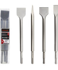 SDS Plus Masonry Chisel Set 4-Piece Pro Grade Heavy Duty Chisel Bits for Hammer Drill, visible with packaging and tools