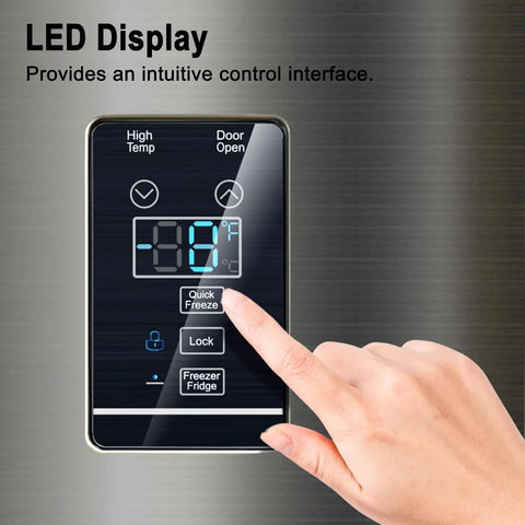 LED control panel of Heavy Duty Stainless Steel Upright Freezer Frost Free With LED Display And Rapid Cool For Garages Or Kitchens 21 Cu Ft.