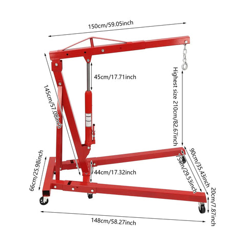 Heavy Duty Two Ton Folding Hydraulic Engine Hoist 4409 Pound Lift Cherry Picker Cranes dimensions in red color with measurements visible.