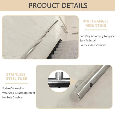 Heavy Duty Stainless Steel Handrail For Stairs And Decks Round Pipe Railing System Wall Mounted Indoor Outdoor showing multi-angle mounting and close-up details.