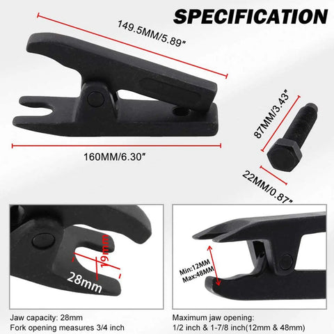 Heavy Duty Ball Joint Separator Tool With Expandable Fork shows specifications and dimensions for pulling tie rods and control arms.