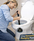 Heavy Duty Accordion Plunger That Nukes Stubborn Blockages Fast In Toilets Sinks Tubs And Showers With A Rock Solid Airtight Seal For Quick Drain Clearing Zero Mess Included Matte Black in use clearing toilet blockage.