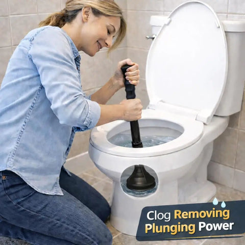 Heavy Duty Accordion Plunger That Nukes Stubborn Blockages Fast In Toilets Sinks Tubs And Showers With A Rock Solid Airtight Seal For Quick Drain Clearing Zero Mess Included Matte Black in use clearing toilet blockage.