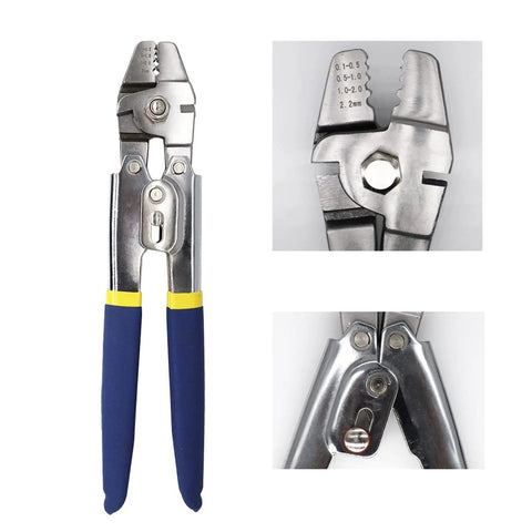 Heavy Duty Stainless Steel Crimping Pliers For Wire Rope And Heat Shrink Connectors, showing integrated stripper cutter and rubber grips.