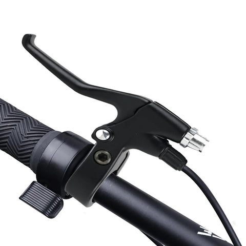 Waterproof Dual Brake Levers for Electric Bikes with Instant Power Cutoff installed on a handlebar, showing aluminum build.