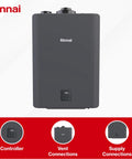 Heavy Duty Commercial Tankless Water Heater Pumping Out Endless Hot Water With Smart Adaptive Gas Valve Tech showing front view, controller and connections.