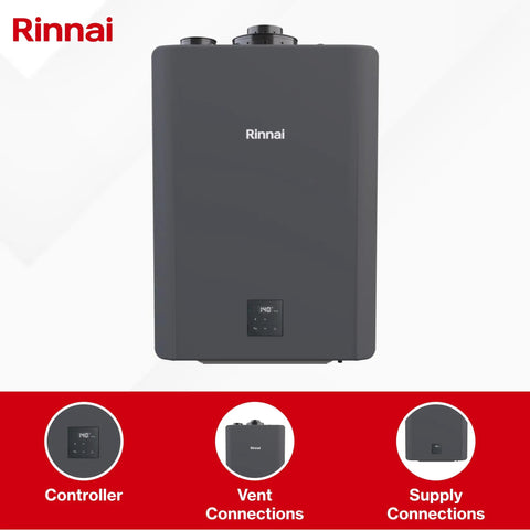 Heavy Duty Commercial Tankless Water Heater Pumping Out Endless Hot Water With Smart Adaptive Gas Valve Tech showing front view, controller and connections.