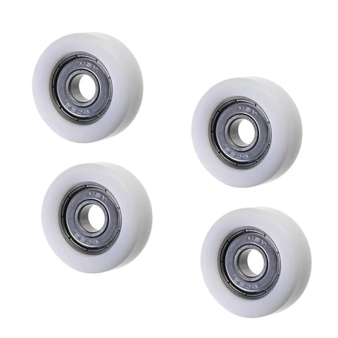 Four Pack Heavy Duty Nylon Roller Idler Bearing Pulleys Running Smooth As Butter With Round Groove Design For Quiet Sliding Cabinet Doors And Furniture Hardware Jobs Built Tough For Everyday Use, 8mmx32mm size.