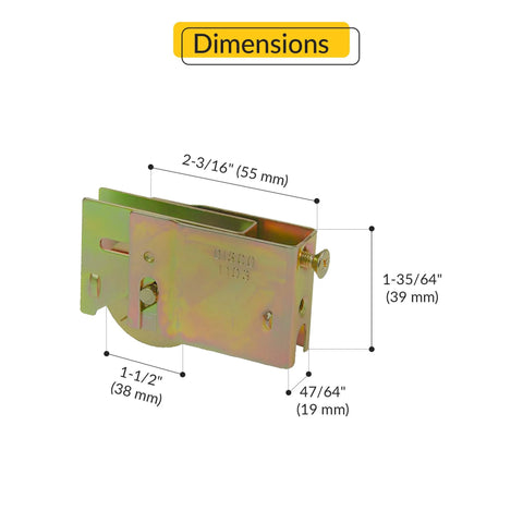 Side view of Replacement Roller Assembly For Crown Lawson Stamped Glass Doors Model 90011287 with dimensions