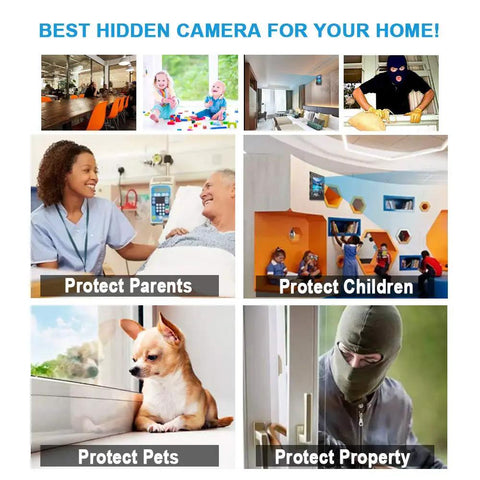 Image promoting Hidden WiFi Spy Camera Photo Frame 1080P With Night Vision And Motion Detection Real Time Alerts, showing uses.
