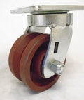 Super Tough Heavy Duty 4X2 Swivel Caster Set Kingpinless Roller Bearing V Groove Dolly Wheels Smooth Rolling side view with wheels
