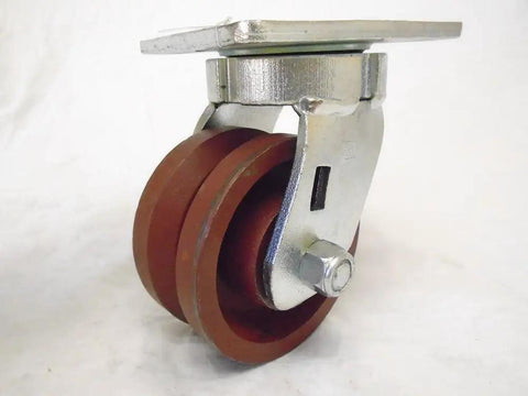 Super Tough Heavy Duty 4X2 Swivel Caster Set Kingpinless Roller Bearing V Groove Dolly Wheels Smooth Rolling side view with wheels