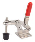 Stainless steel toggle clamp latch with red handle, adjustable design, visible screws, and base for home decor and mechanical projects.