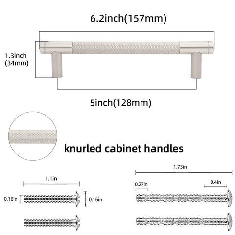 Technical diagram of 10 Pack 5 Inch Center To Center Brushed Satin Nickel Knurled Cabinet Handles Drawer Pulls with size details.