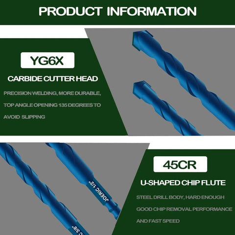 Two blue carbide-tipped masonry drill bits, 3/16–1/2 in, for concrete, brick and ceramic tile.