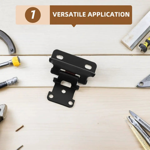 Six Piece Self Closing Hidden Cabinet Hinges For RV And Home Cabinets Made From Cold Rolled Steel displayed with tools