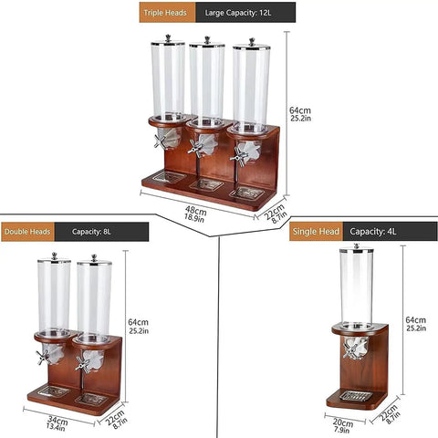Triple Head Cereal And Grain Dispenser For Kitchen Counter Holds Four Liters Each Solid Wood Base With Steel Lid, 3 clear bins and twist spouts.