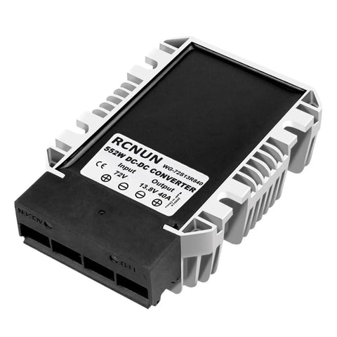 Heavy Duty DC To DC Power Converter Step Down Voltage Regulator 18V To 90V Transforms To 12V At 40 Amps unit with rugged aluminum housing.