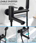 Dope Matte Black Wall Mount Bathtub Faucet With Hand Shower And Long Reach Spout 9.25 Inch Folding Spout Tub Filler Brass