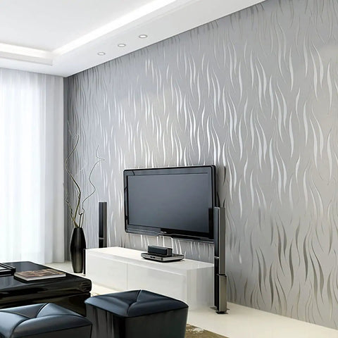 Peel And Stick Wallpaper Roll 20.8 Inches Wide By 393 Inches Long Per Roll Non Woven 3D Embossed Stripe In Silver Grey on living room wall