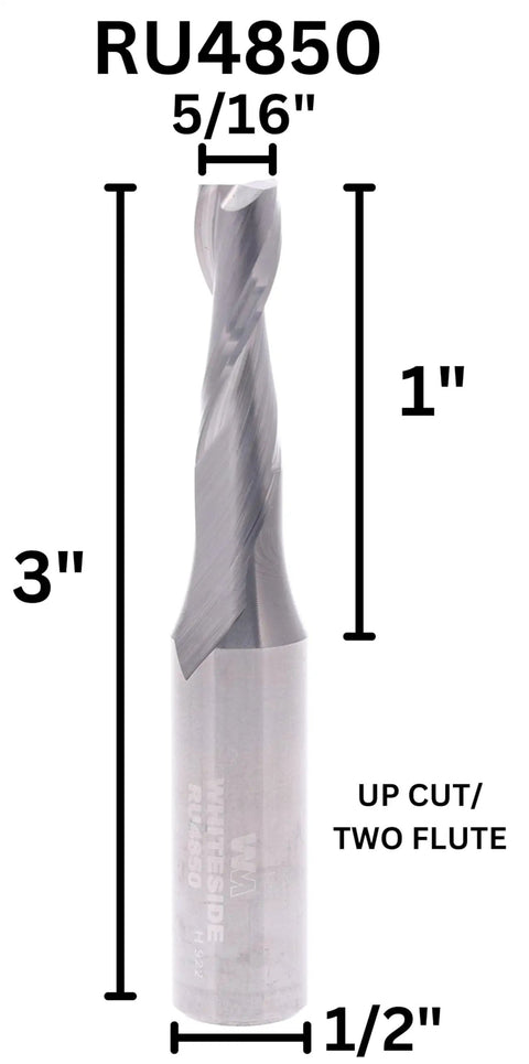 RU4850 Up Cut Spiral Router Bit Solid Carbide Five Sixteenths Inch Cutting Diameter One Inch Cutting Length Half Inch Shank