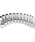 24 Piece Metric Socket Set With Deep And Shallow Sockets 8mm To 19mm Thin Wall Design For Tight Spaces displayed in a row