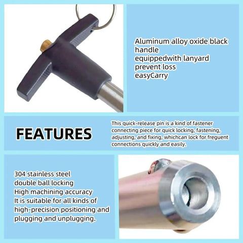 Stainless Steel T Handle Ball Lock Pin With Lanyard Quick Release For Home Gear And Audio Setups 6mm Diameter 51mm Clamping Length 90mm Total Length Built Tough From 304 Stainless shown with features and descriptions.