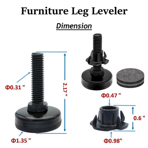 Heavy Duty Adjustable Leveling Feet 4 Pack With Three Eighths Inch 16 UNC Threads Leg Levelers with dimensions