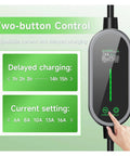 Premium 3600W Portable EV Charger With Smart App Control And 33 FT Type 2 To J1772 Cable displaying two-button control for adjustable charging.