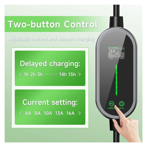 Premium 3600W Portable EV Charger With Smart App Control And 33 FT Type 2 To J1772 Cable displaying two-button control for adjustable charging.