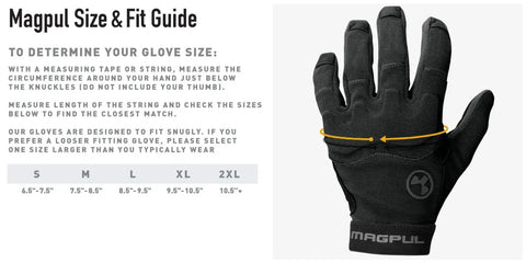 Black tactical glove with size guide and Magpul logo, displaying measuring instructions for Nomex Flight Gloves 2.0 Sage Medium