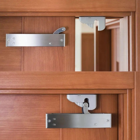 Heavy Duty Soft Close Damper For Sliding Pocket Door Silencer Bang Free Anti Slam Buffer Blocks, gray finish, mounted on wood door.