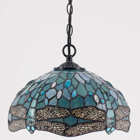 Tiffany Style Sea Blue Stained Glass Dragonfly Pendant Light Plug In 12 Inch Hanging Lamp With 32 Inch Chain And 15 Foot Cord UL Listed LED Ready