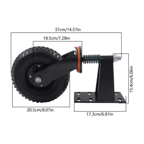 Ultra Heavy Duty 8 Inch Fence Gate Roller, Rock Solid 600 Lb Steel Core Caster With Quiet Rubber Tread, side view with dimensions.